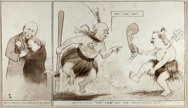Cartoon: In 1915 Prime Minister William Massey and leader of the opposition Sir Joseph Ward formed a coalition