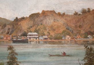 Half of an 1896 painting of the Whakatāne River.