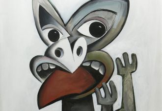 Tiki, hands raised, oil on board, 51 x 68 cm