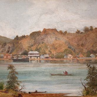 Half of an 1896 painting of the Whakatāne River.