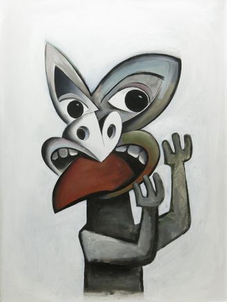 Tiki, hands raised, oil on board, 51 x 68 cm